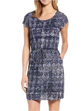 Lucky Brand Blue Geometric Tile Print Drawstring Waist Dress Short Sleeve Lined